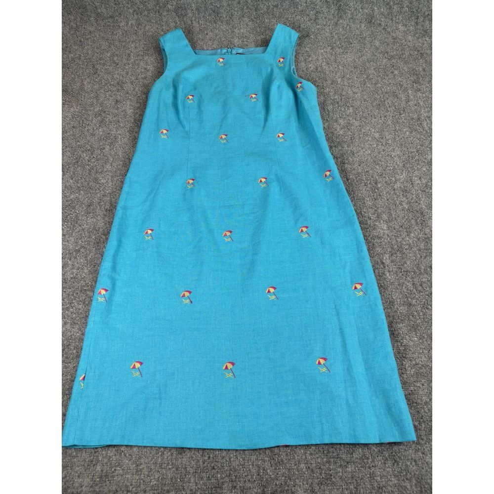 Lennie New York Dress Size 10 Blue Linen Embroidered Beach Umbrellas Coastal Y2K